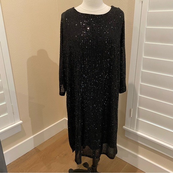Vince Camuto Dress Black Heavy Sequins Sheath 3/4 Sleeves Below Knee Size 2X - Picture 1 of 10